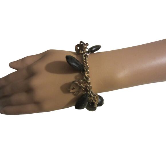 Gold Tone Charm Bracelet Black Teardrops & Heart Lock Charms - Picture 2 of 6